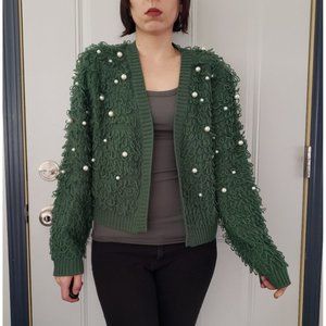 Green with Faux Pearl's Cardigan